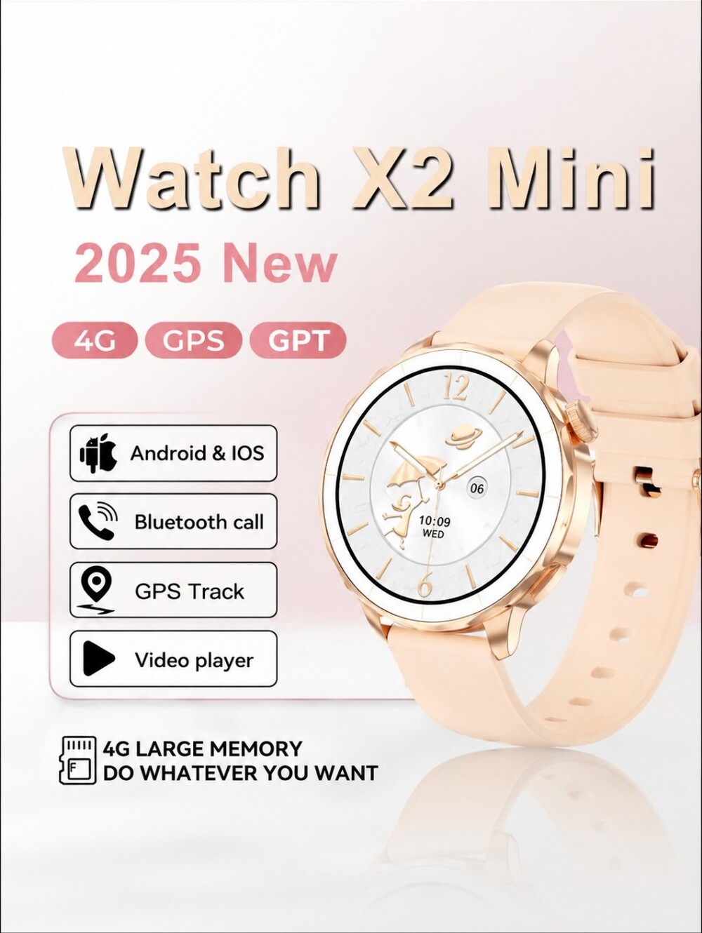 2026 Rose Gold Round Display HD AMOLED Smartwatch IP68 Waterproof